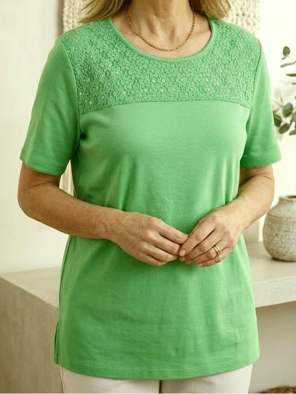 Alfred Dunner Lime Green Floral Lace Yoke sequins Short Sleeve Tee large NWT